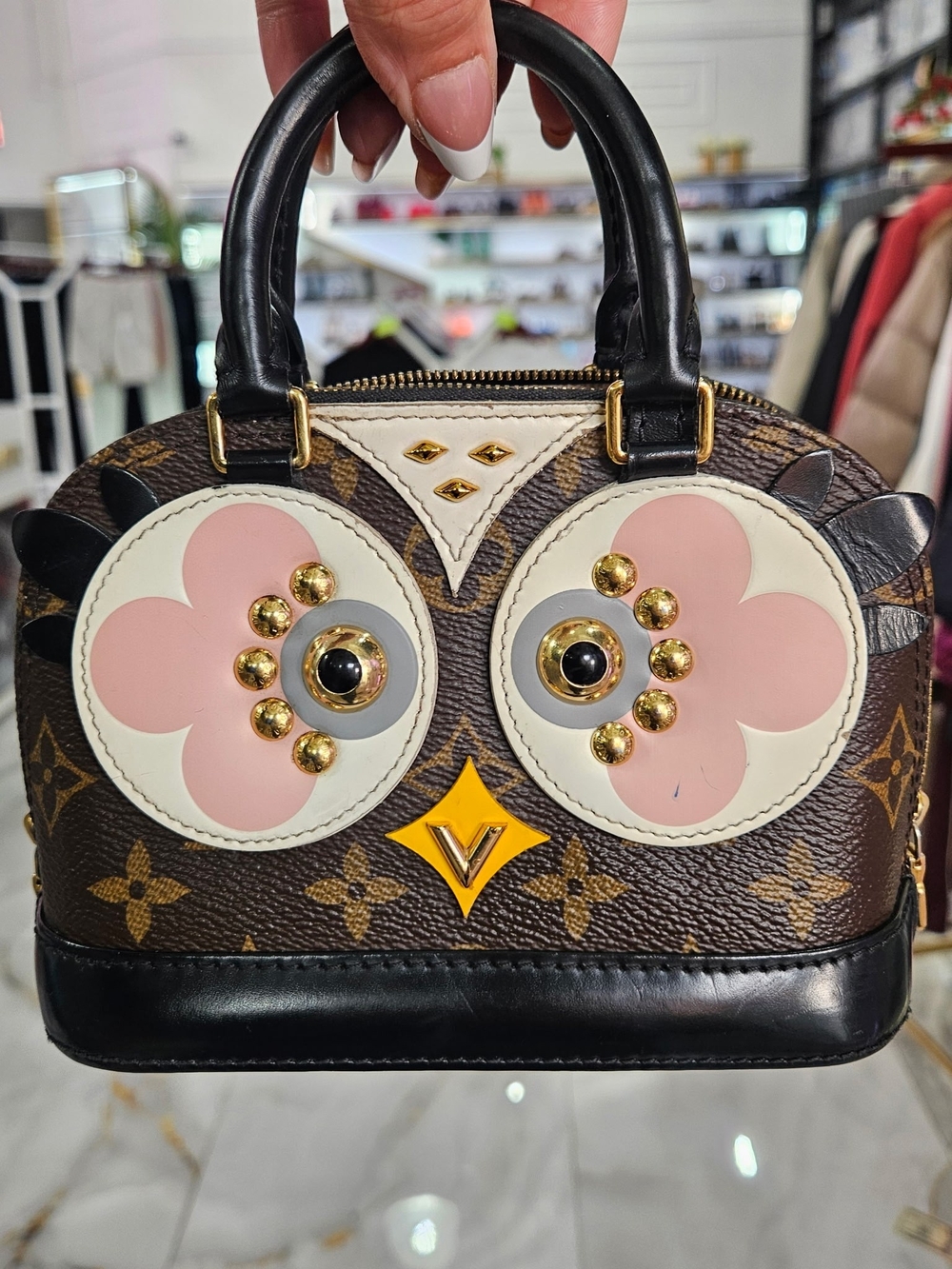 Louis Vuitton Brown Monogram Owl Satchel with Pink Accents